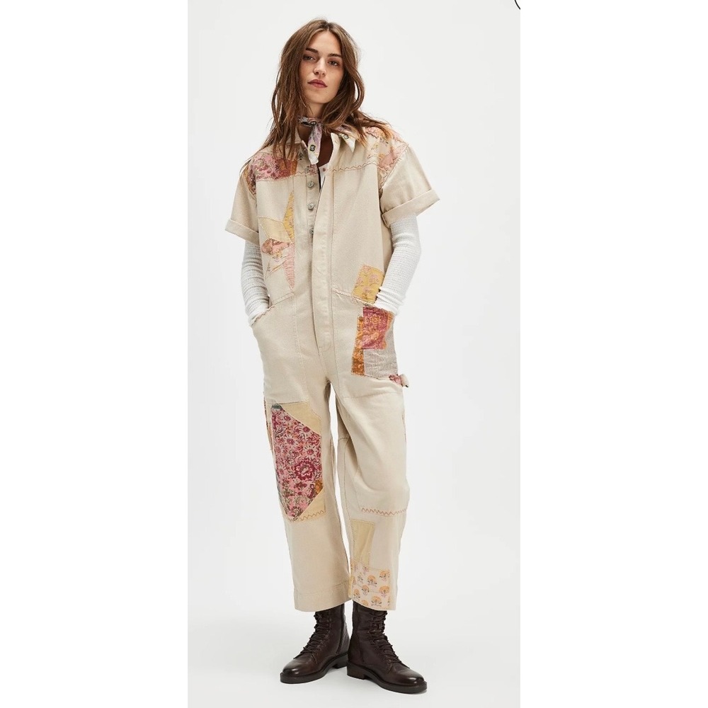 We The Free Free People Patchwork Coveralls Jumpsuit Sand Womens XS OB1125211